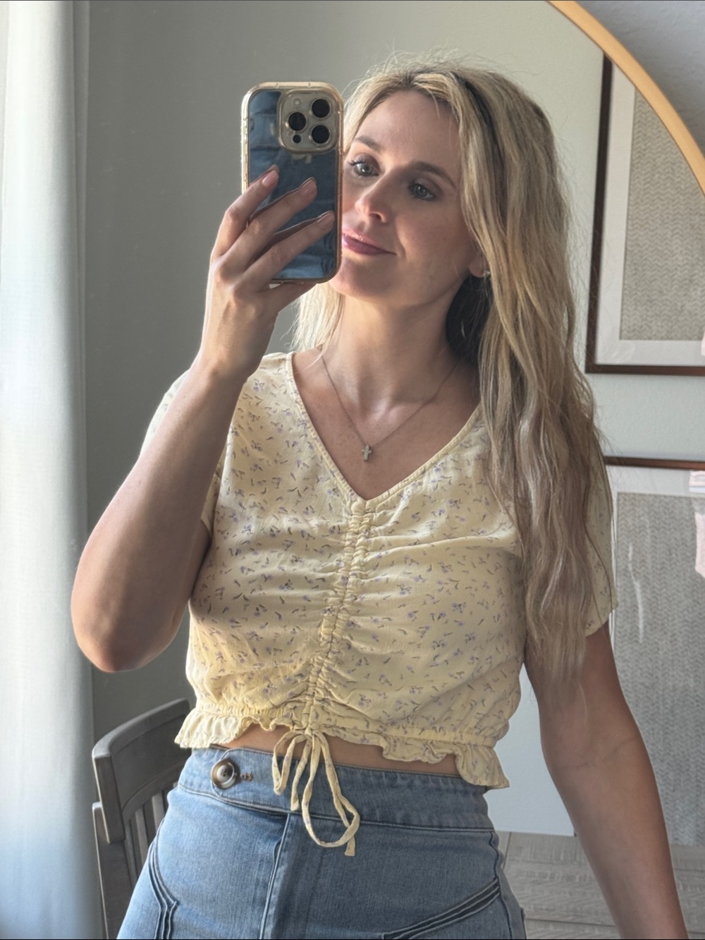 Ruched V-Neck Cropped Top in Light Butter Yellow with Subtle Tiny Purple Florals - Picture 3 of 14